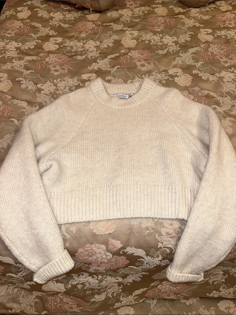 Calvin Klein Cream Cropped Crewneck Sweater